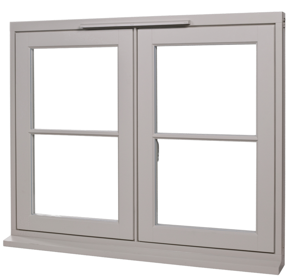 "Flush wooden double casement window with horizontal glazing bar – traditional timber window design"